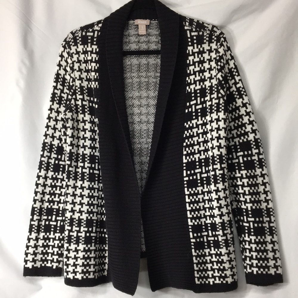 Chicos Women’s Black & White Open-Front Cardigan Sweater Size 1 (S) Like-NEW